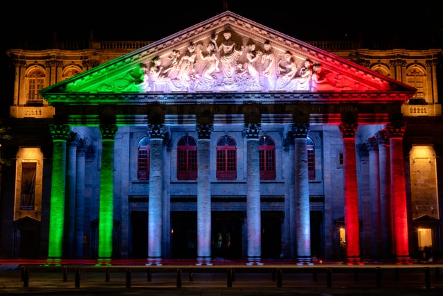 Night photo with colour lights of Teatro Degollado at , Calle Degollado, Zona Centro, Guadalajara, Jalisco, Mexico